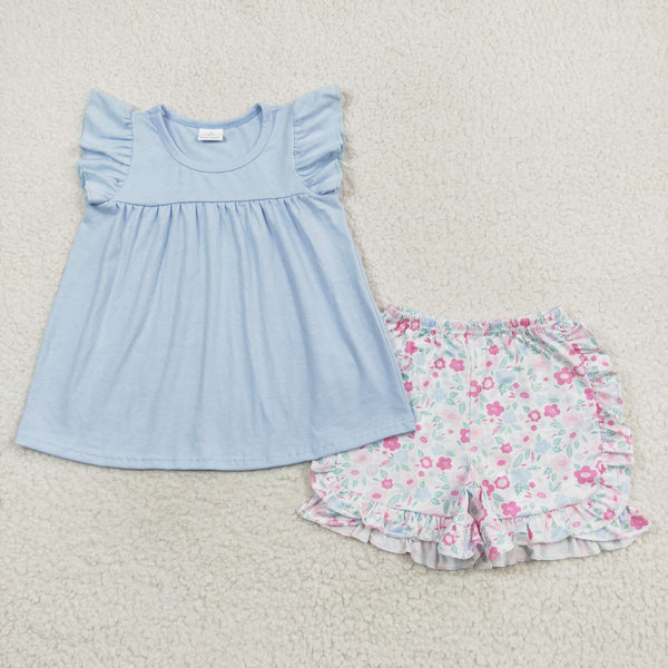 GSSO1056 RTS baby girl clothes blue floral toddler girl summer outfits