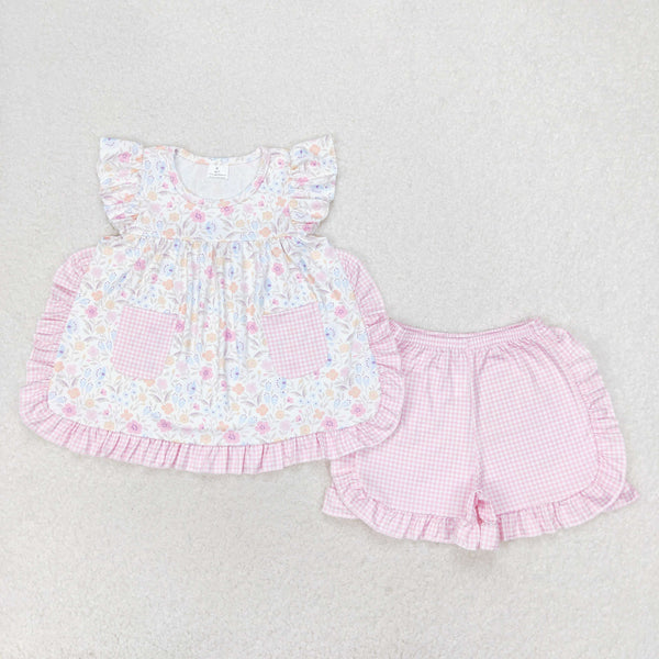 GSSO1057 RTS baby girl clothes pink floral toddler girl summer outfits