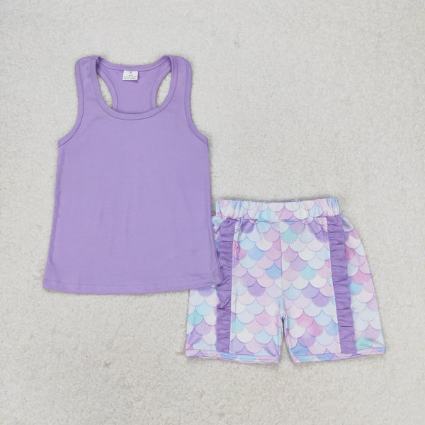 GSSO1060 RTS baby girl clothes purple purple fish scales toddler girl summer outfits