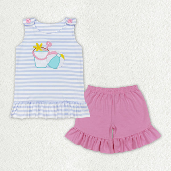 RTS girl summer matching clothes sailboat embroidery girl summer clothes-embroidery