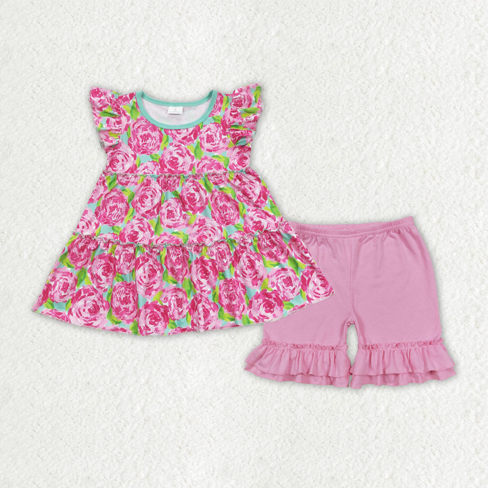 GSSO1171 baby girl clothes pink floral toddler girl summer outfit infant girl shorts set