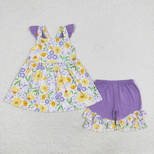 GSSO1177 RTS baby girl clothes purple floral toddler girl summer outfit