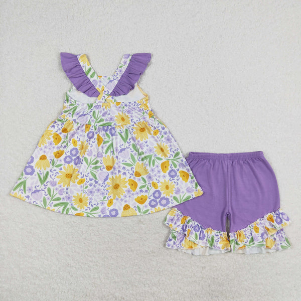 GSSO1177 RTS baby girl clothes purple floral toddler girl summer outfit