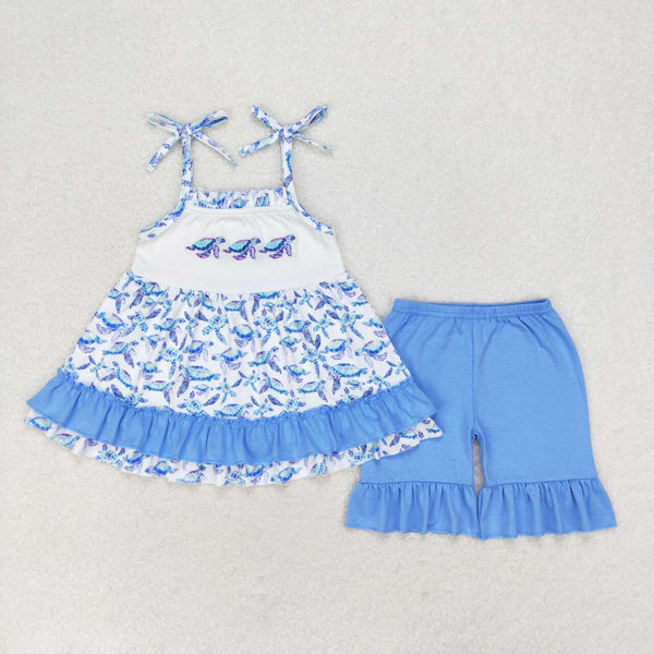 GSSO1241 RTS toddler girl clothes sea turtles embroidery girl summer shorts set
