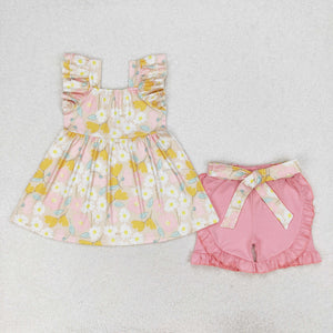 GSSO1254 RTS baby girl clothes yellow floral toddler girl summer outfit