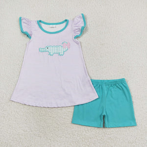 GSSO1286 RTS baby girl clothes alligator toddler girl summer outfit embroidery