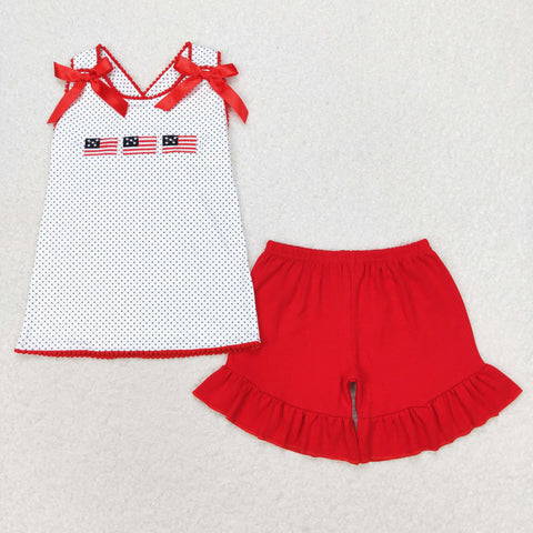 GSSO1414 RTS baby girl clothes flag embroidery 4th of july patriotic outfit girl summer shorts set