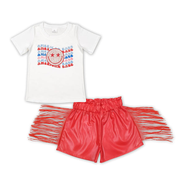 GSSO1421 RTS baby girl clothes girl summer outfit  smile red leather shorts set