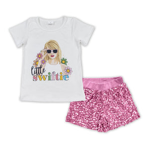 GSSO1427 pre-order  toddler girl clothes singer 1989 girl summer shorts set sequin bottom outfit(12-18M to 14-16t)