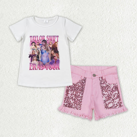 GSSO1446 baby girl clothes 1989 singer girl pink sequins shorts jeans outfits 3