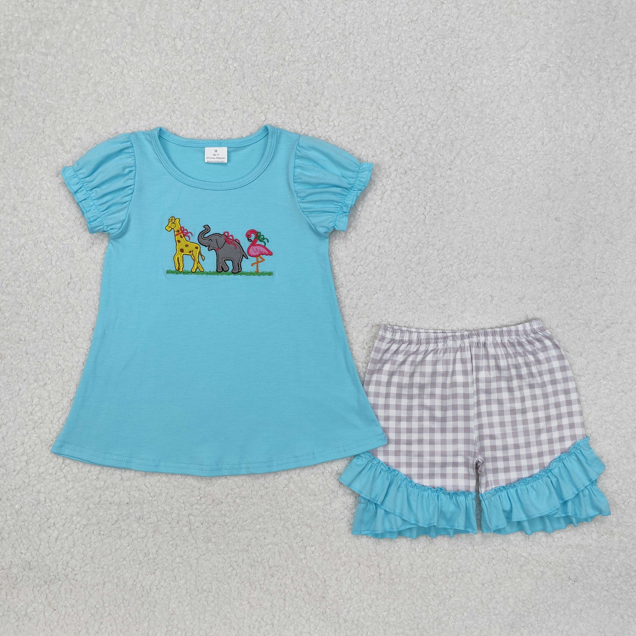 GSSO1520 RTS kids clothing animal embroideried girl summer shorts set