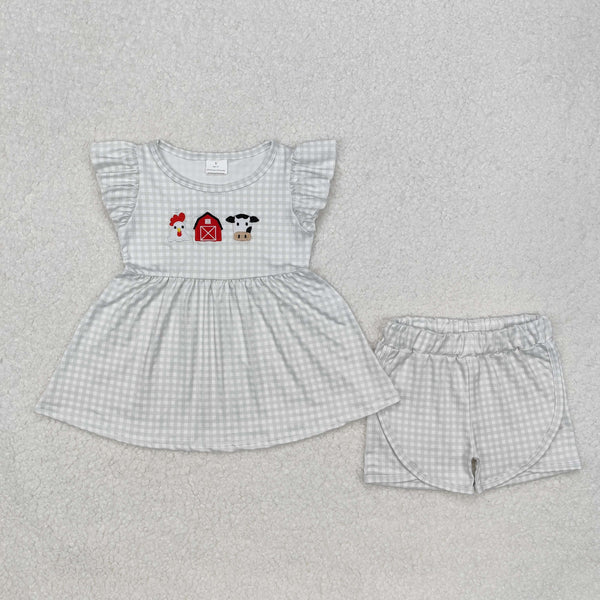 RTS kids clothing matching summer farm clothing embroideried cow clothes