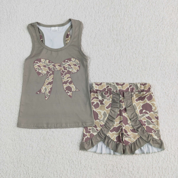 RTS baby clothes girl summer set  camo bows baby summer shorts set