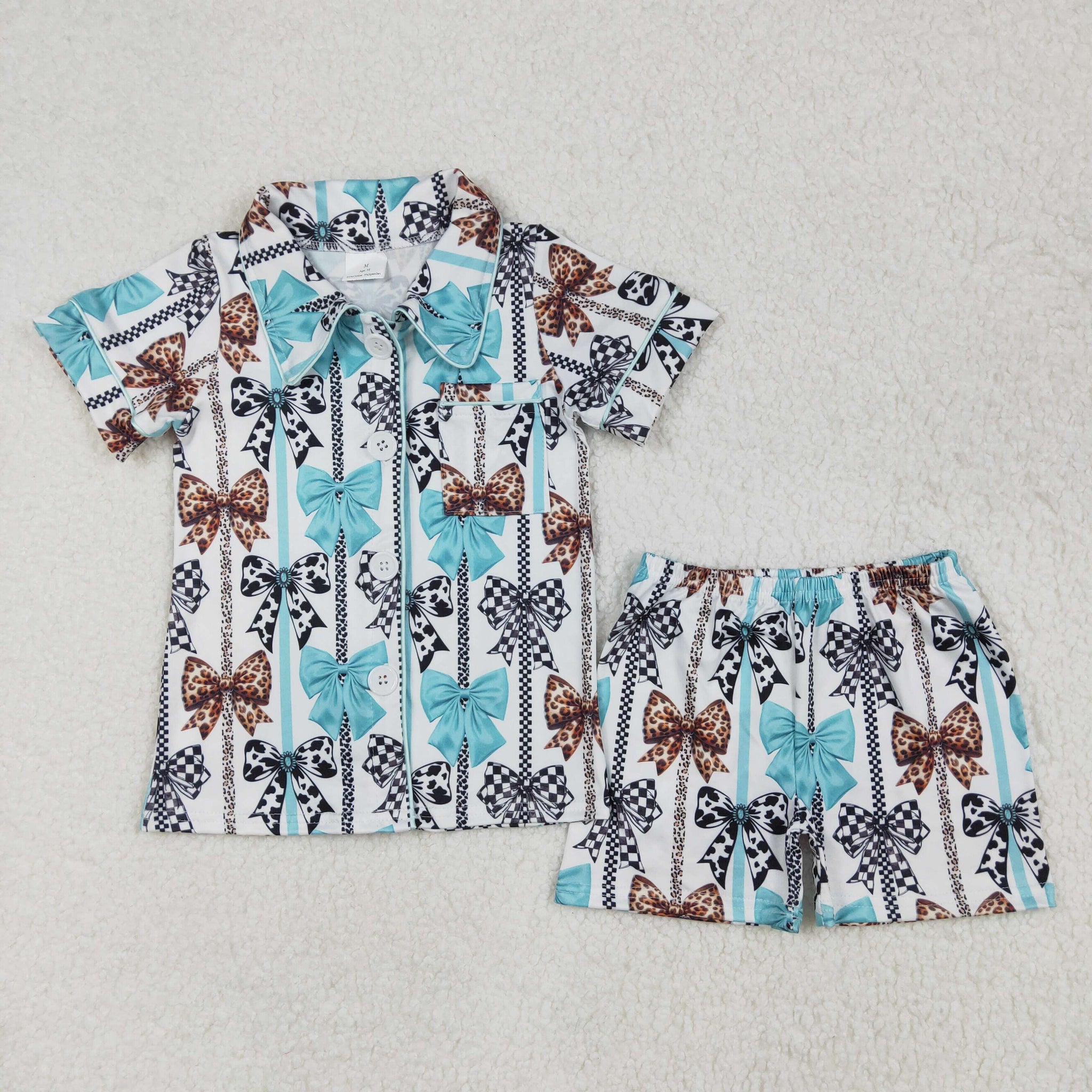 GSSO1858 RTS girl clothing girl summer pajamas set blue bow grandmillennial outfit