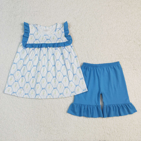 GSSO2004 RTS girl summer clothes bow blue girl summer shorts set