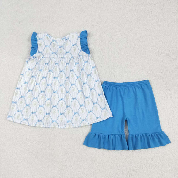 GSSO2004 RTS girl summer clothes bow blue girl summer shorts set