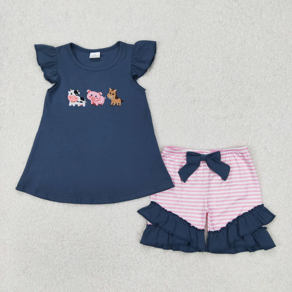 RTS toddler clothes matching pig horse cow farm clothing kids summer shorts set-embroidery