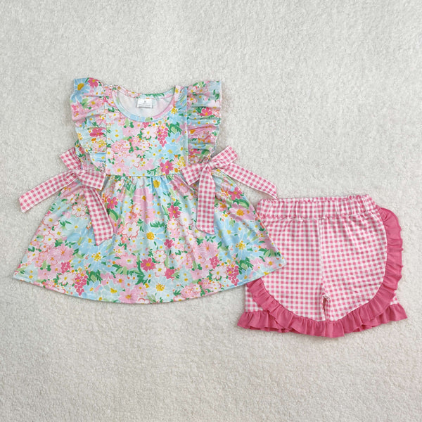 GSSO2111 RTS Girl summer outfit floral bow girl summer shorts set