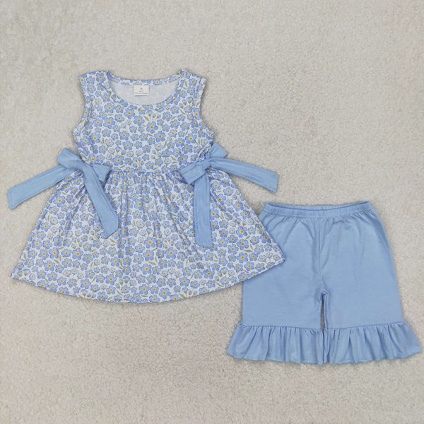 RTS girl summer matching clothes blue bow floral girl summer clothes girl outfit bubble