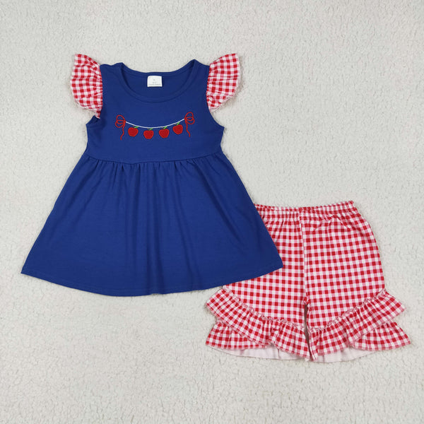 RTS baby clothes baby summer set  embroidery apple baby summer shorts set