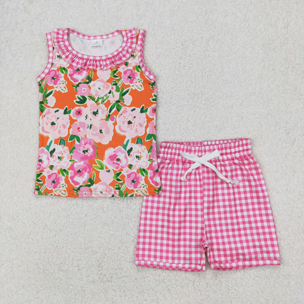 RTS girl summer clothes floral matching girl summer shorts set