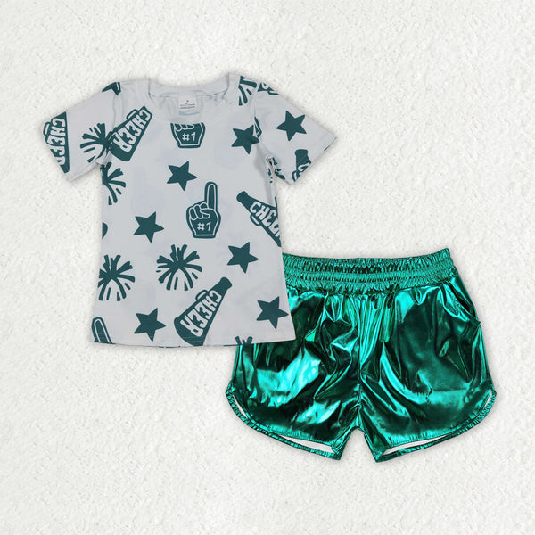 RTS girl clothes girl summer set  colorful cheer girl summer leather shorts set 2