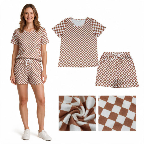 GSSO2680  RTS adult pajamas brown gingham adult women summer set