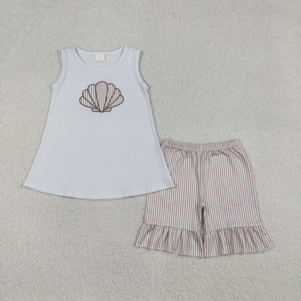 RTS kids matching clothing embroidery shell print clothing baby summer clothing-2025.12.24