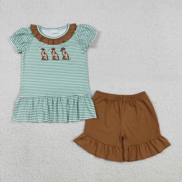 GSSO2793 RTS toddler girl clothes dog hunting girl summer shorts set embroidery