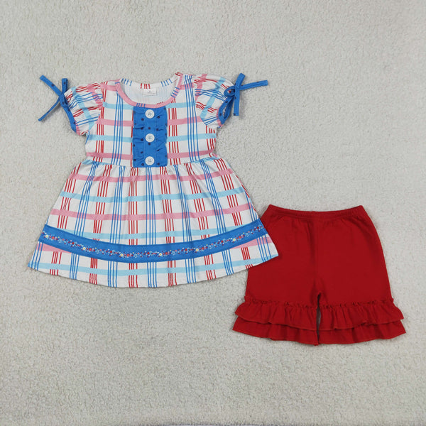 GSSO2815 RTS baby girl clothes gingham toddler girl summer outfit 4th of July Clothes