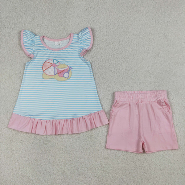RTS Matching kids clothing embroidery beach print clothing baby summer clothing-2026.4.8