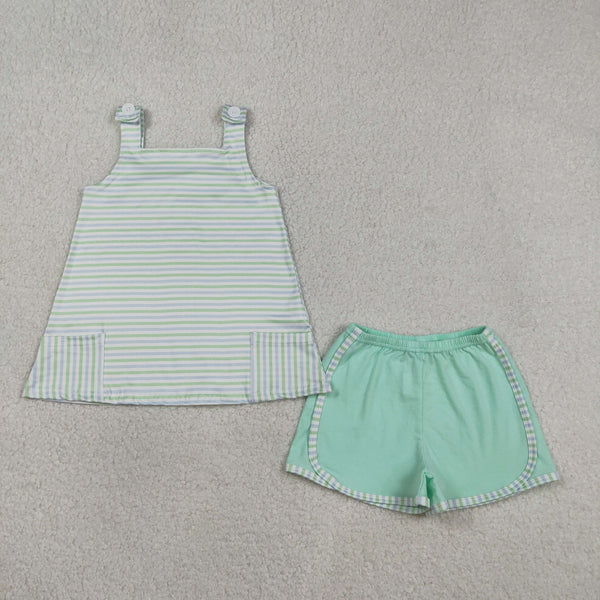 RTS Matching kids clothing green stripes print clothing girl summer clothing-2026.4.2