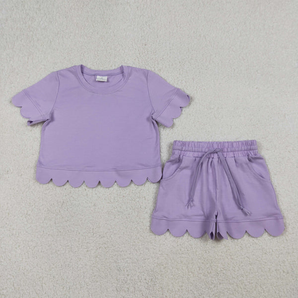 RTS Matching  toddler clothes solid color scallop  print set girls summer clothing-2026.7.30