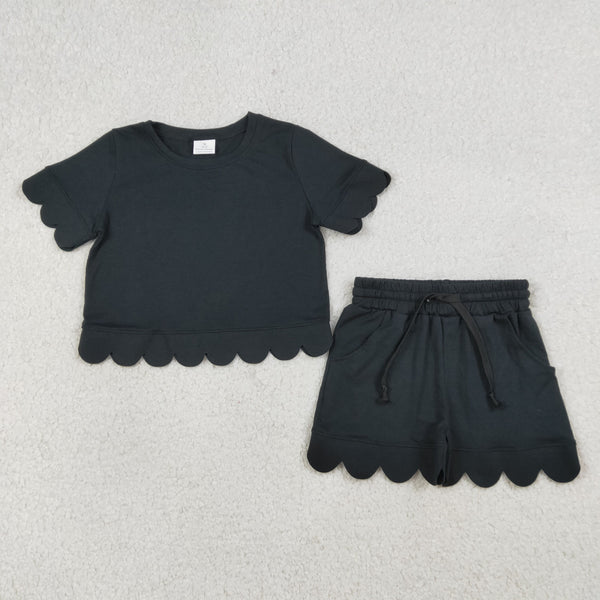 RTS Matching  toddler clothes solid color scallop  print set girls summer clothing-2026.7.30