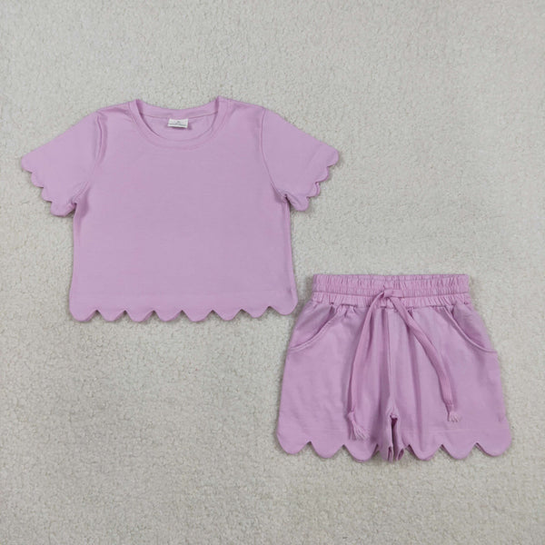 RTS Matching  toddler clothes solid color scallop  print set girls summer clothing-2026.7.30