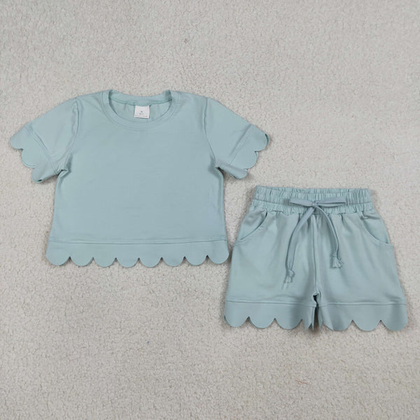 RTS Matching  toddler clothes solid color scallop  print set girls summer clothing-2026.7.30