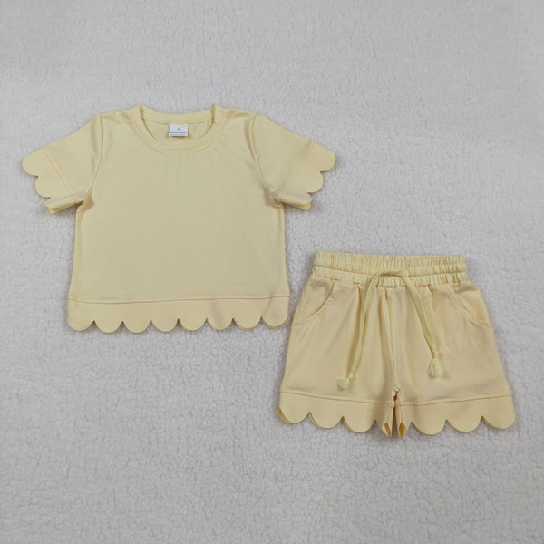 RTS Matching  toddler clothes solid color scallop  print set girls summer clothing-2026.7.30