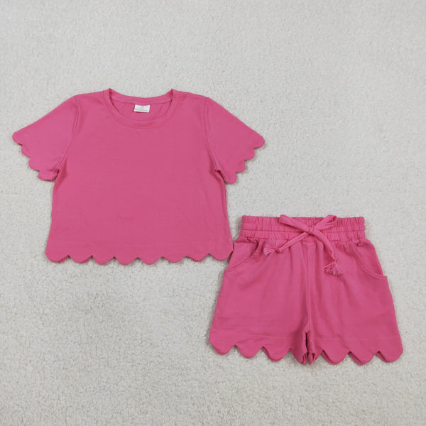 RTS Matching  toddler clothes solid color scallop  print set girls summer clothing-2026.7.30