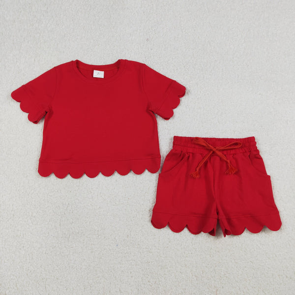 RTS Matching  toddler clothes solid color scallop  print set girls summer clothing-2026.7.30