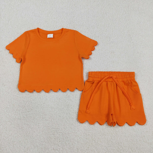 RTS Matching  toddler clothes solid color scallop  print set girls summer clothing-2026.7.30
