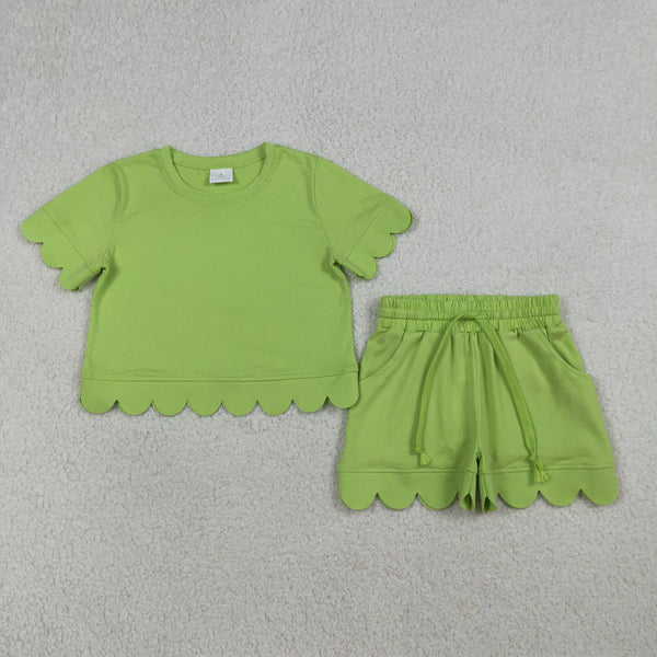 RTS Matching  toddler clothes solid color scallop  print set girls summer clothing-2026.7.30