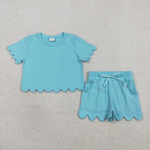 RTS Matching  toddler clothes solid color scallop  print set girls summer clothing-2026.7.30