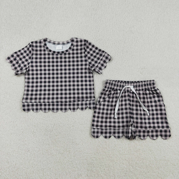 GSSO3182 RTS kids clothes black gingham scalloped girl summer clothing set summer shorts set