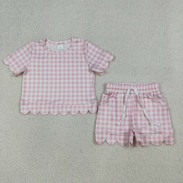 RTS Matching  toddler clothes solid color gingham scallop  print set girls summer clothing-2026.4.2