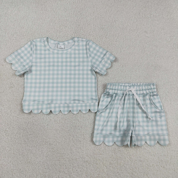 GSSO3184 RTS kids clothes blue gingham print girl summer clothing set