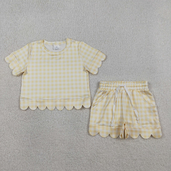 GSSO3185 RTS kids clothes yellow Plaid scalloped girl summer clothing set Summer Shorts Set