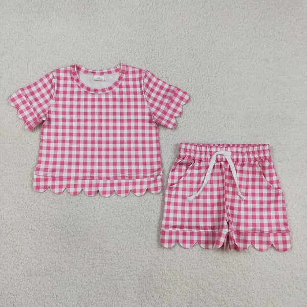 GSSO3186 RTS kids clothes pink gingham print girl summer clothing set summer shorts set