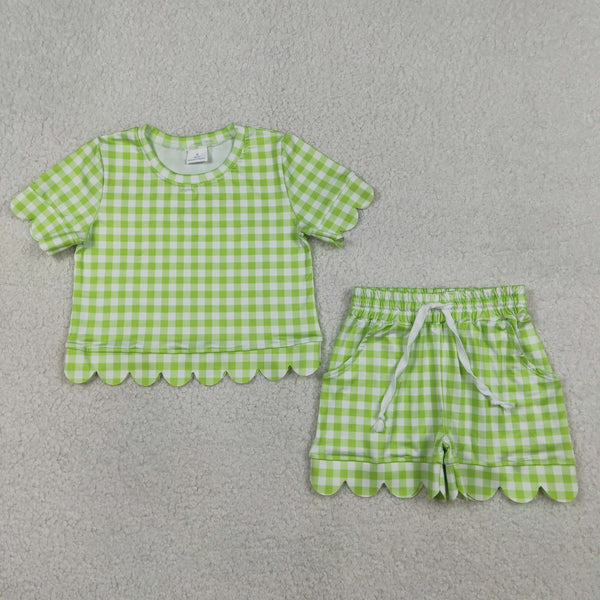 GSSO3189 RTS kids clothes green gingham scalloped girl summer clothing set summer shorts