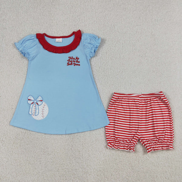GSSO3245 RTS kids clothes baseball embroidery girl summer clothing set