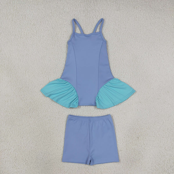 RTS GSSO3264 toddler girl yoga clothes solid blue sleeveless shorts outfit